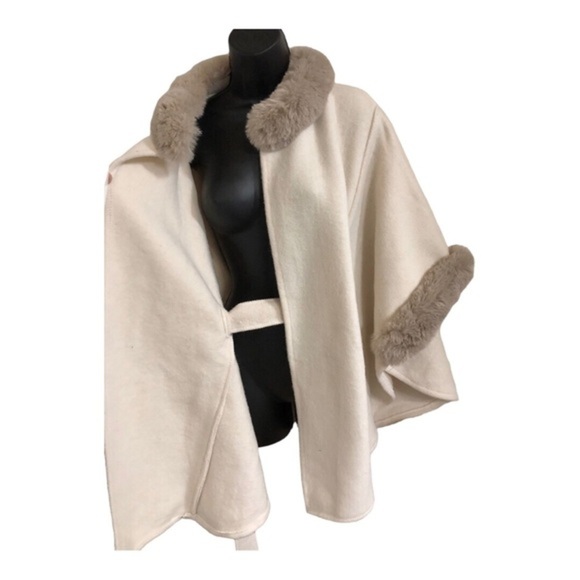 Gorgeous faux fur trim cream ecru belted‎ cape coat topper size S/M new - Picture 13 of 17
